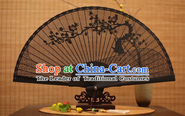 Traditional Chinese Crafts Black Sandalwood Folding Fan, Chinese Hollow Out Wintersweet Fans Bamboo Fans for Women