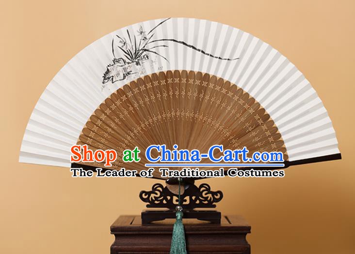 Traditional Chinese Crafts Hand Painting Orchid Folding Fan, China Handmade Xuan Paper Fans for Men
