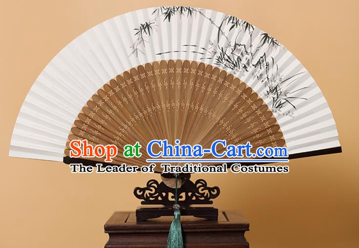 Traditional Chinese Crafts Hand Painting Bamboo Stone Folding Fan, China Handmade Xuan Paper Fans for Men