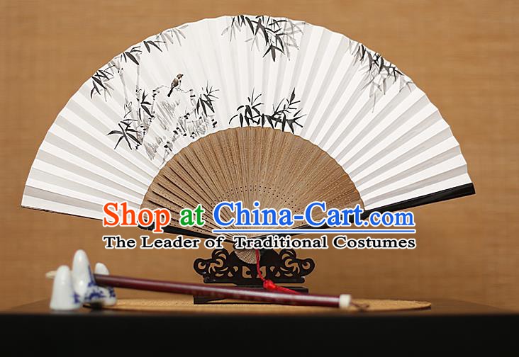 Traditional Chinese Crafts Hand Painting Bamboo Bird Folding Fan, China Handmade Xuan Paper Fans for Men