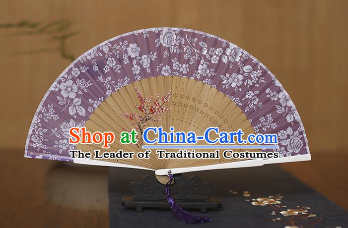 Traditional Chinese Crafts Folding Fan, China Printing Plum Blossom Purple Silk Fans for Women