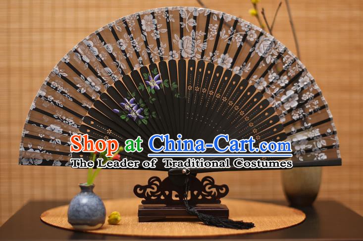 Traditional Chinese Crafts Folding Fan, China Printing Flowers Black Silk Fans for Women