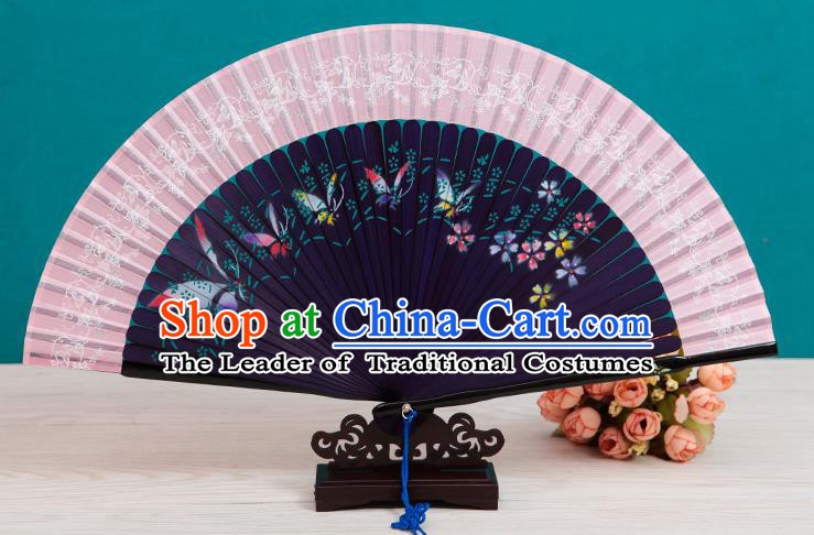 Traditional Chinese Crafts Folding Fan, China Printing Butterfly Purple Silk Fans for Women