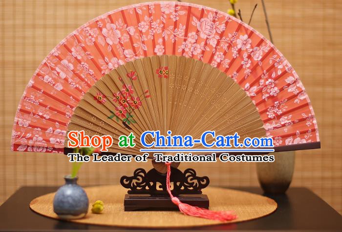 Traditional Chinese Crafts Folding Fan, China Printing Flowers Red Silk Fans for Women