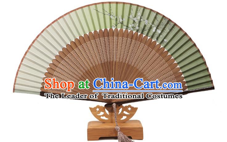 Traditional Chinese Crafts Folding Fan, China Printing Plum Blossom Green Silk Fans for Women