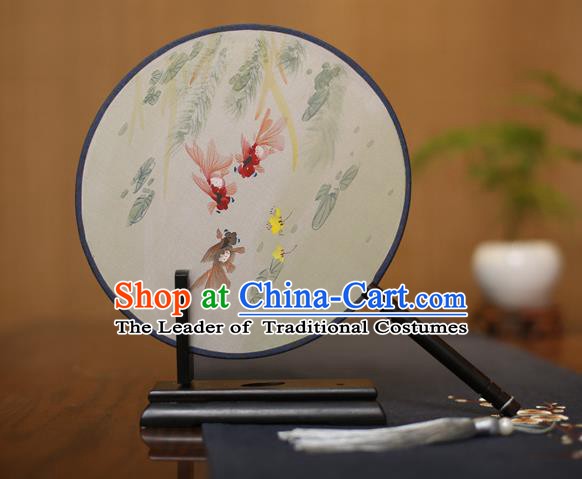 Traditional Chinese Crafts Round Silk Fan, China Palace Fans Princess Printing Goldfish Circular Fans for Women