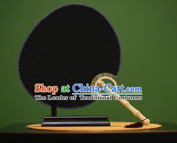 Traditional Chinese Crafts Black Xuan Paper Fan, Chinese Art Paper Palace Fans Bamboo Handle Fans for Women
