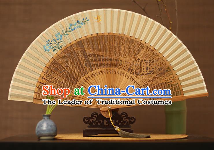 Traditional Chinese Crafts Hand Painting Blue Flower Silk Folding Fan, China Handmade Hollow Out Bamboo Fans for Women