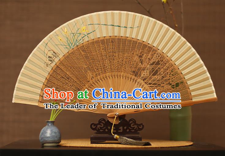 Traditional Chinese Crafts Hand Painting Orchid Silk Folding Fan, China Handmade Hollow Out Bamboo Fans for Women