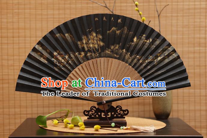 Traditional Chinese Crafts Hand Painting Black Silk Folding Fan, China Handmade Bamboo Fans for Women