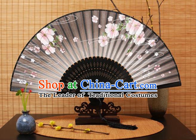Traditional Chinese Crafts Printing Flowers Black Folding Fan, China Handmade Bamboo Fans for Women