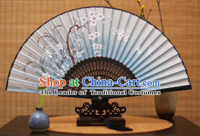 Traditional Chinese Crafts Printing Plum Blossom Blue Folding Fan, China Handmade Bamboo Fans for Women