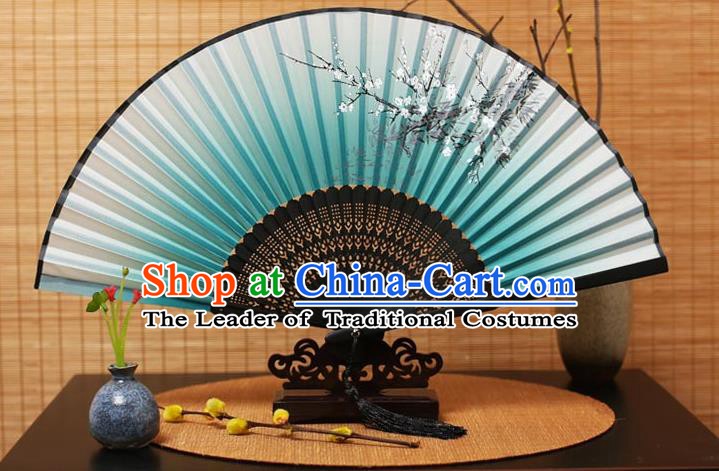 Traditional Chinese Crafts Printing Plum Blossom Green Folding Fan, China Handmade Bamboo Fans for Women