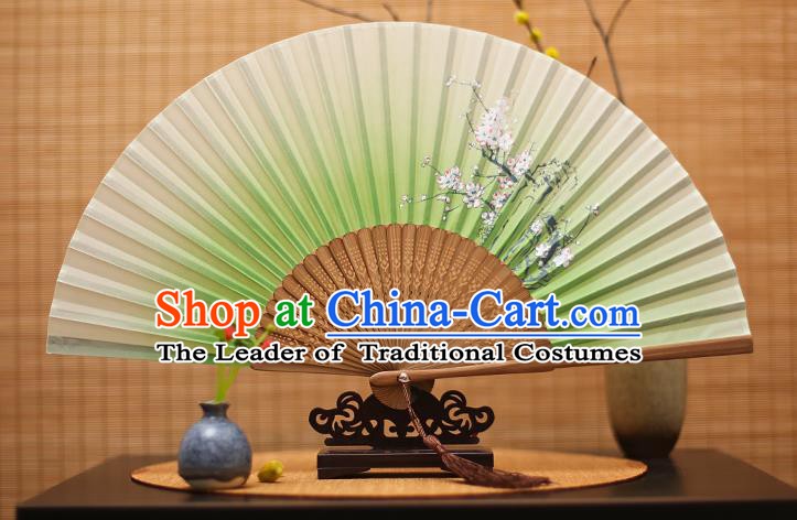 Traditional Chinese Crafts Printing Plum Blossom Light Green Folding Fan, China Handmade Bamboo Fans for Women