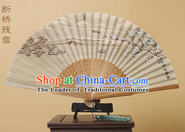 Traditional Chinese Crafts Printing Melting Snow at Broken Bridge Silk Folding Fan, China Handmade Bamboo Fans for Women