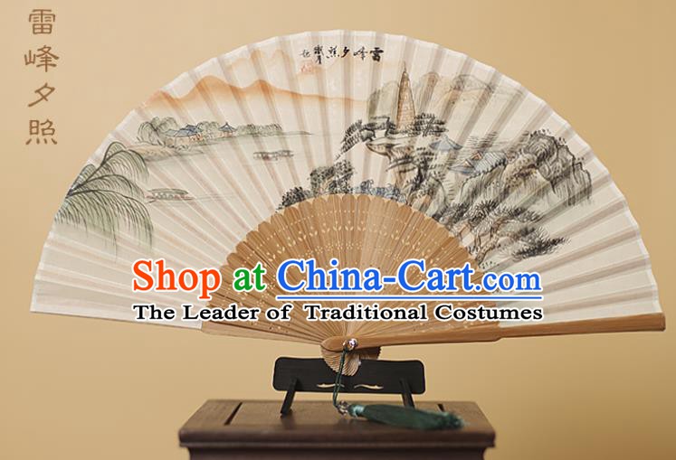 Traditional Chinese Crafts Printing Leifeng Pagoda Silk Folding Fan, China Handmade Bamboo Fans for Women