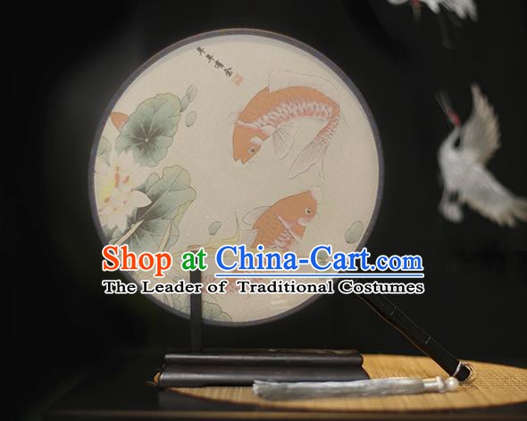 Traditional Chinese Crafts Printing Lotus Fish Silk Round Fan, China Palace Fans Princess Circular Fans for Women