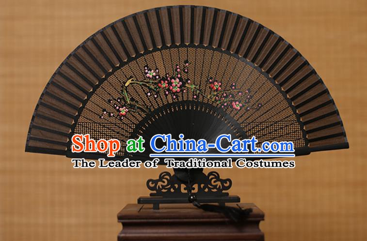 Traditional Chinese Crafts Hand Painting Wintersweet Folding Fan, China Handmade Black Silk Fans for Women