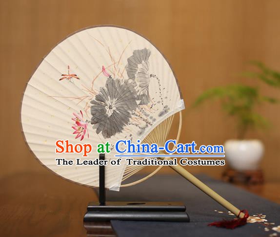 Traditional Chinese Crafts Ink Painting Lotus Paper Fan, China Palace Fans Princess Round Fans for Women