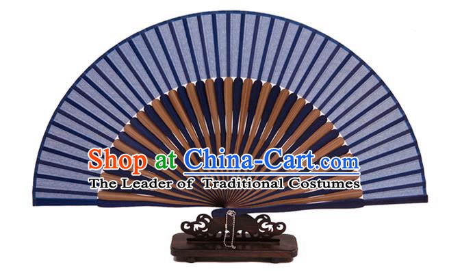 Traditional Chinese Crafts Blue Silk Folding Fan, China Handmade Bamboo Bone Fans for Women
