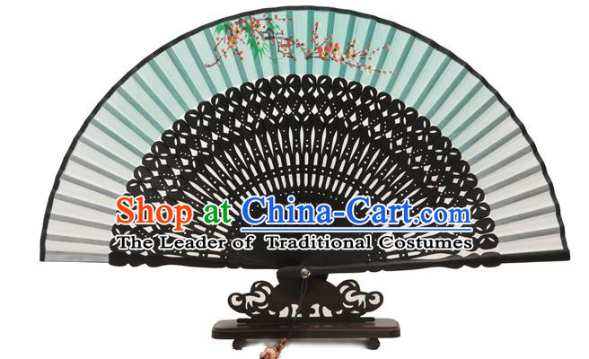 Traditional Chinese Crafts Green Silk Folding Fan, China Handmade Printing Plum Blossom Fans for Women