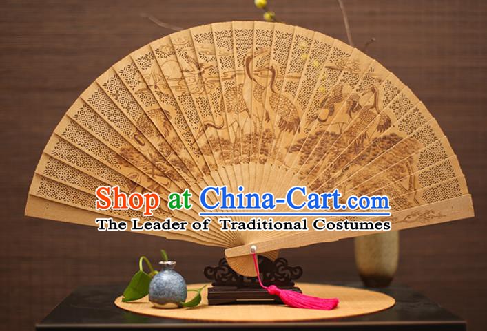 Traditional Chinese Crafts Sandalwood Folding Fan, China Handmade Hollow Out Crane Incienso Fans for Women