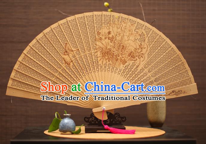 Traditional Chinese Crafts Sandalwood Folding Fan, China Handmade Hollow Out Chrysanthemum Incienso Fans for Women