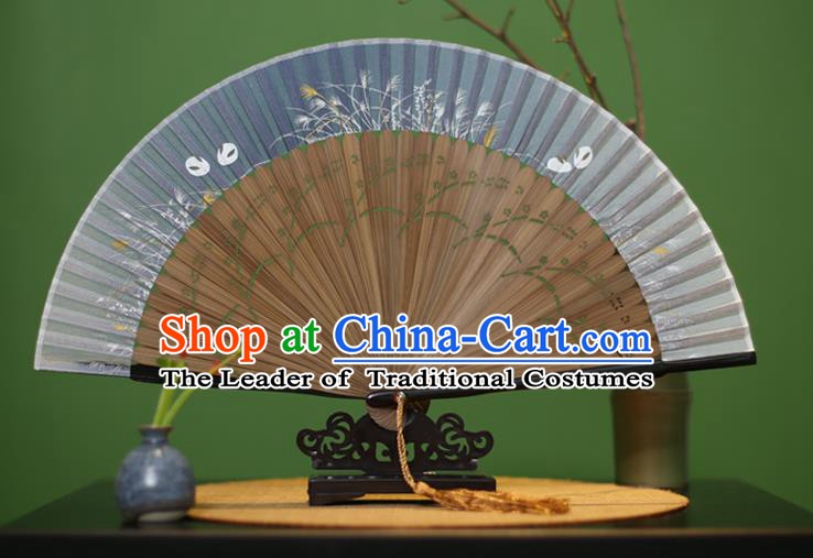 Traditional Chinese Crafts Printing Orchid Classical Folding Fan, China Handmade Blue Silk Fans for Women