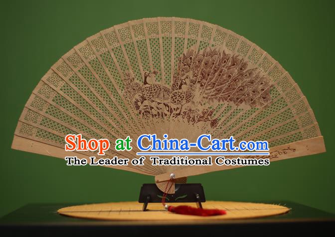 Traditional Chinese Crafts Sandalwood Folding Fan, China Handmade Carving Peacock Incienso Fans for Women