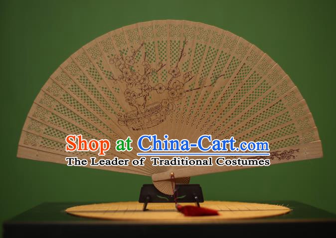 Traditional Chinese Crafts Sandalwood Folding Fan, China Handmade Carving Plum Blossom Incienso Fans for Women
