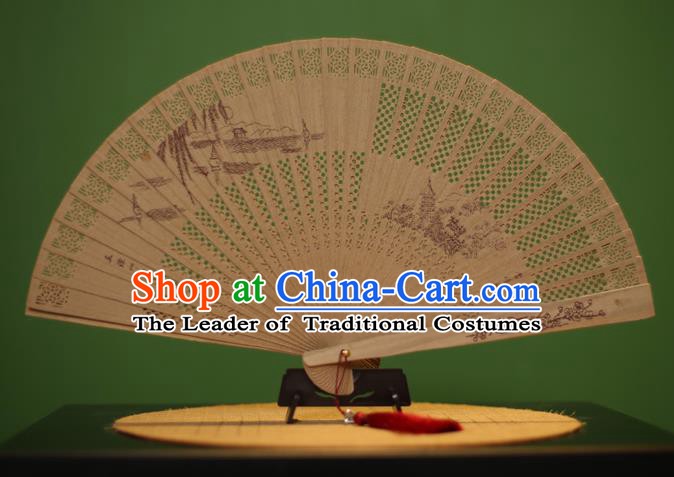 Traditional Chinese Crafts Sandalwood Folding Fan, China Handmade Carving West Lake Incienso Fans for Women