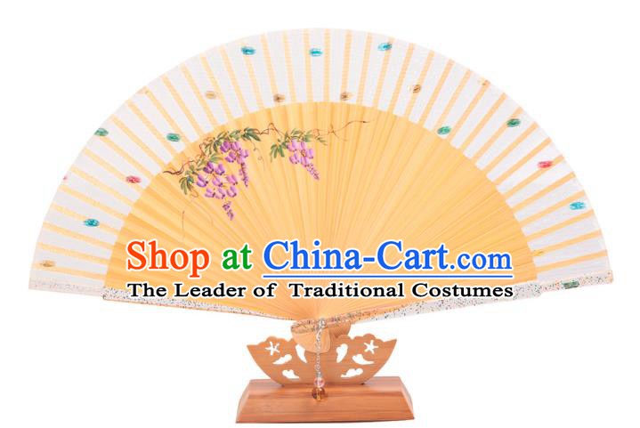 Traditional Chinese Crafts White Silk Folding Fan, China Handmade Printing Wisteria Bamboo Fans for Women