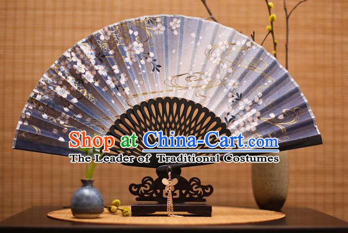 Traditional Chinese Crafts Printing Flowers Classical Folding Fan, China Handmade Navy Silk Fans for Women
