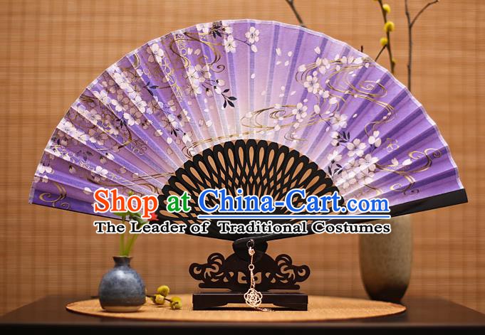 Traditional Chinese Crafts Printing Flowers Classical Folding Fan, China Handmade Purple Silk Fans for Women