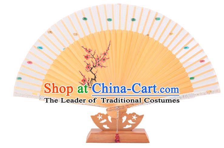 Traditional Chinese Crafts White Silk Folding Fan, China Handmade Printing Wintersweet Bamboo Bone Fans for Women