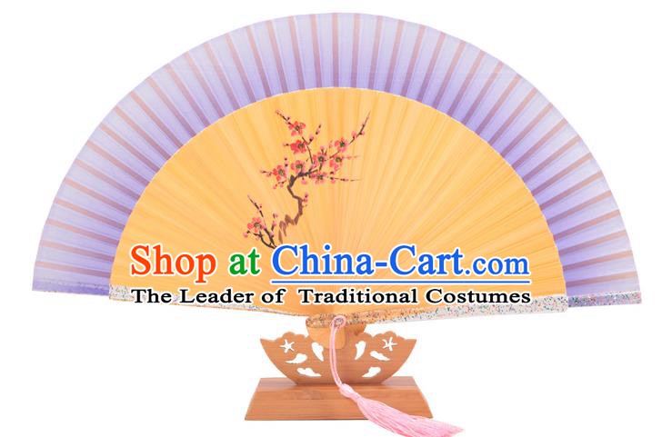 Traditional Chinese Crafts Purple Silk Folding Fan, China Handmade Printing Wintersweet Bamboo Bone Fans for Women