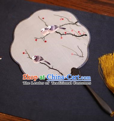 Traditional Chinese Crafts Suzhou Embroidery Palace Fan, China Princess Embroidered Bird Wintersweet Silk Fans for Women