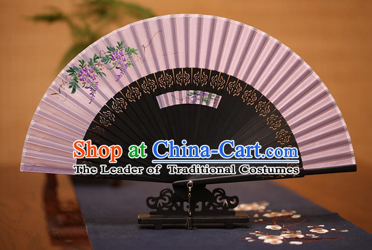 Traditional Chinese Crafts Printing Wisteria Folding Fan, China Handmade Classical Lilac Silk Fans for Women