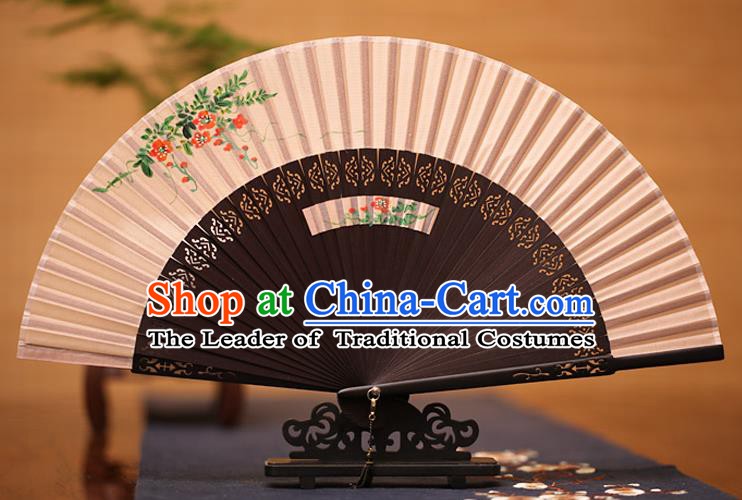 Traditional Chinese Crafts Printing Flowers Folding Fan, China Handmade Classical Silk Fans for Women