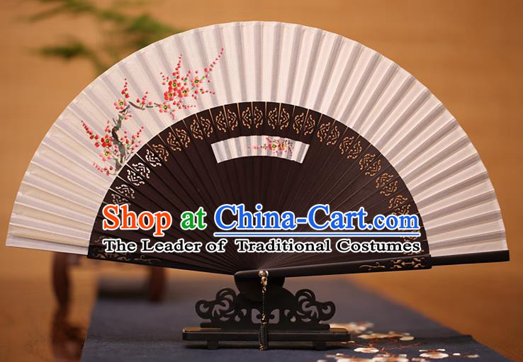 Traditional Chinese Crafts Printing Plum Blossom Folding Fan, China Handmade Classical Silk Fans for Women
