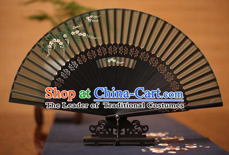 Traditional Chinese Crafts Printing Flowers Folding Fan, China Handmade Classical Black Silk Fans for Women