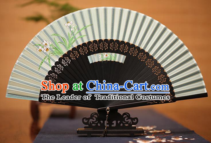 Traditional Chinese Crafts Printing Orchid Folding Fan, China Handmade Classical Green Silk Fans for Women