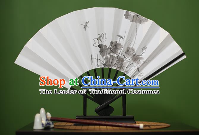 Traditional Chinese Crafts Ink Painting Lotus Paper Folding Fan, China Handmade Classical Fans for Women