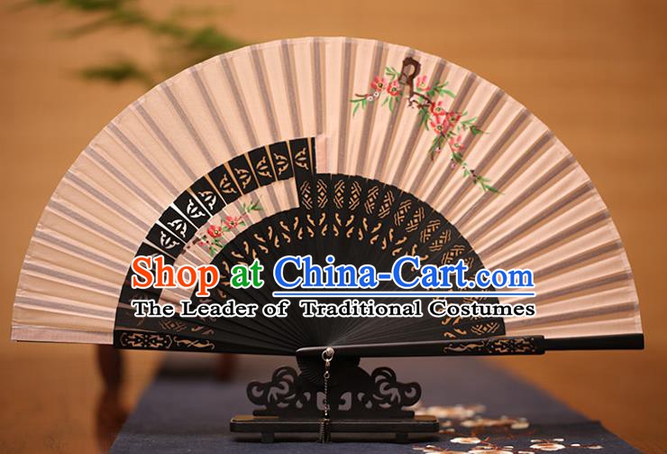 Traditional Chinese Crafts Printing Peach Blossom Folding Fan, China Handmade Classical Pink Silk Fans for Women