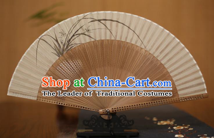 Traditional Chinese Crafts Printing Orchid Folding Fan, China Handmade Classical Silk Pierced Fans for Women