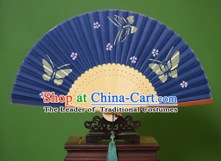 Traditional Chinese Crafts Printing Butterfly Folding Fan, China Handmade Classical Blue Silk Fans for Women
