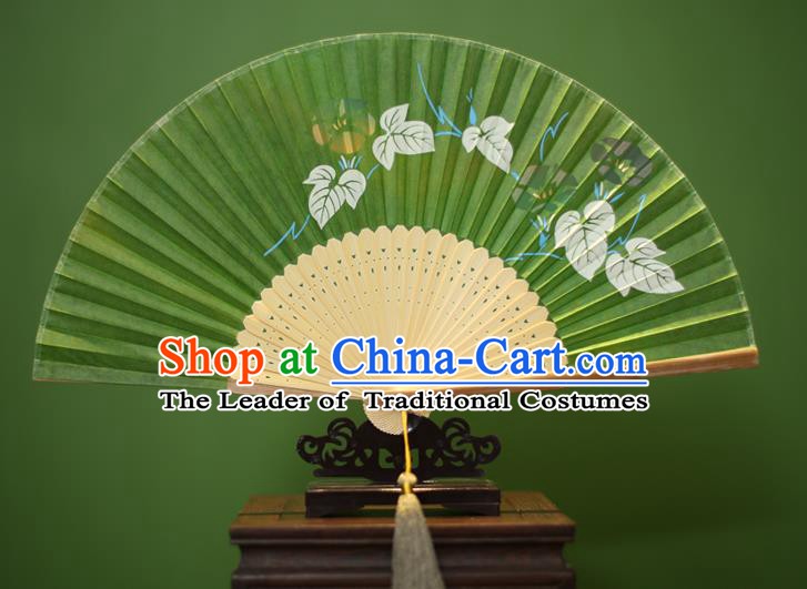 Traditional Chinese Crafts Printing Petunia Folding Fan, China Handmade Classical Green Silk Fans for Women