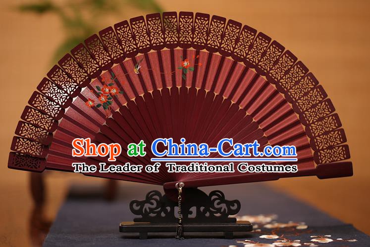 Traditional Chinese Crafts Hand Painting Folding Fan, China Handmade Classical Carving Red Fans for Women