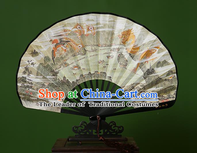 Traditional Chinese Crafts Hand Painting Dragon Phoenix Folding Fan, China Handmade Classical Paper Fans for Women