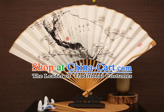 Traditional Chinese Crafts Collectables Autograph Folding Fan, China Handmade Classical Printing Plum Blossom Xuan Paper Fans for Men